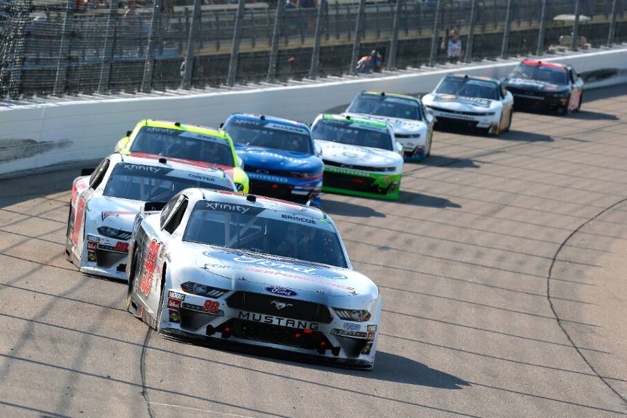 He battled from back in the field to take the lead with seven laps to go to win in his Ford Mustang. He battled from back in the field to take the lead with seven laps to go to win in his Ford Mustang.
